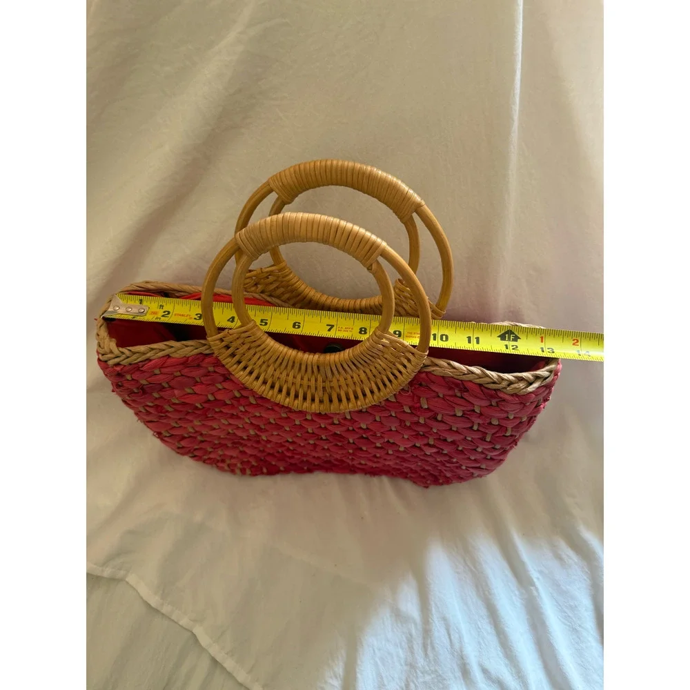 Free People Sophia Straw Tote Red Woven Bamboo Ring Handles Boho Purse Bag EUC